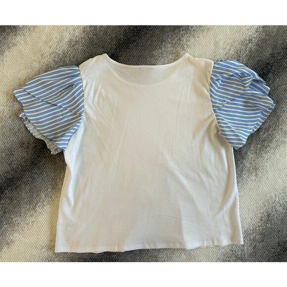 Vince Camuto Tulip Sleeve Mixed Media Blue White Relaxed Fit Top Size XL - Picture 3 of 9